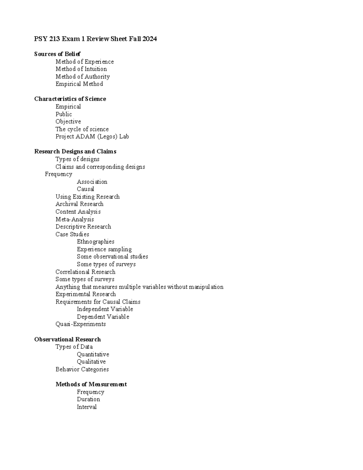 PSY 213 Exam 1 Comprehensive Review Guide Fall 2024 - Studocu