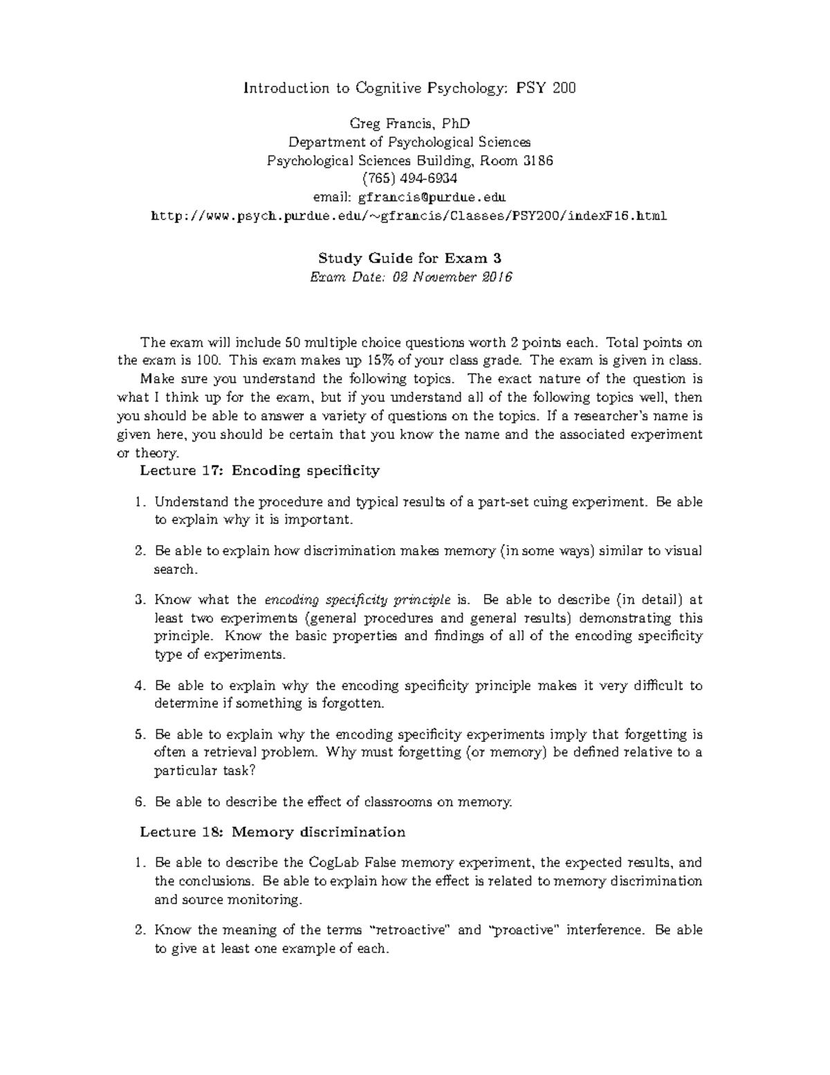 PSY 200 Study Guide for Cognitive Psychology Exam 3 - Studocu