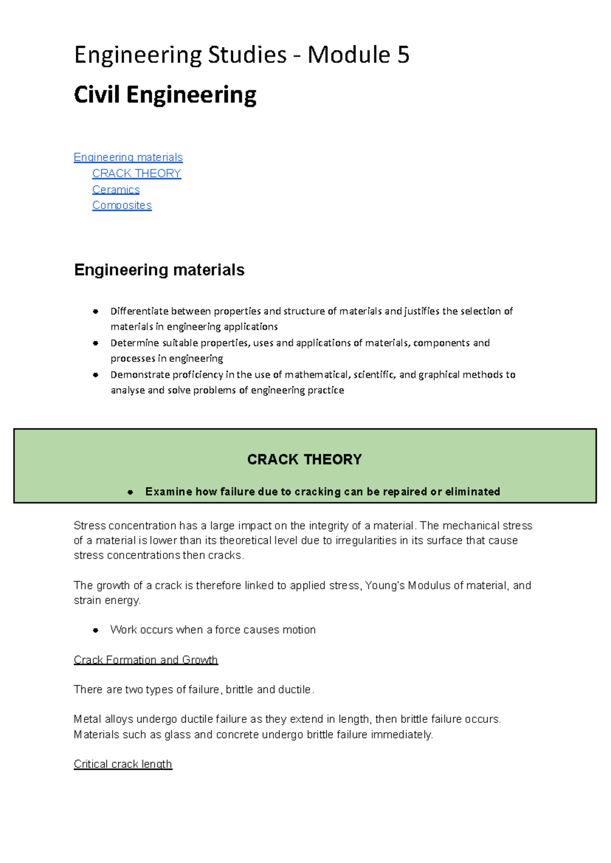 Civil Engineering Module 5: Crack Theory and Material Properties - Studocu