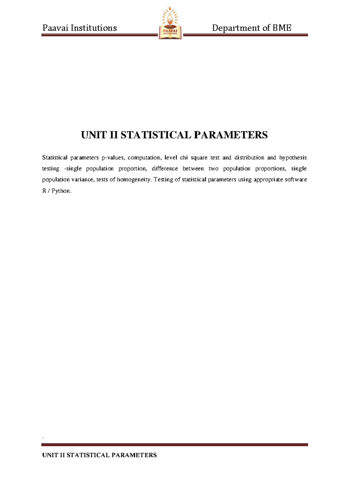 BME 202: UNIT II Statistical Parameters & Hypothesis Testing Notes ...