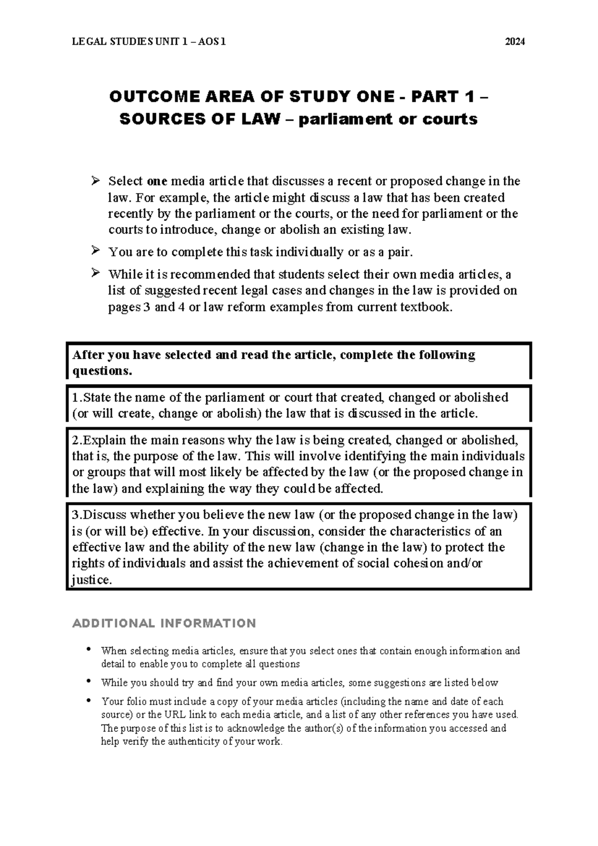 Legal Studies Unit 1 AOS 1 2024: Sources of Law & Recent Changes - Studocu