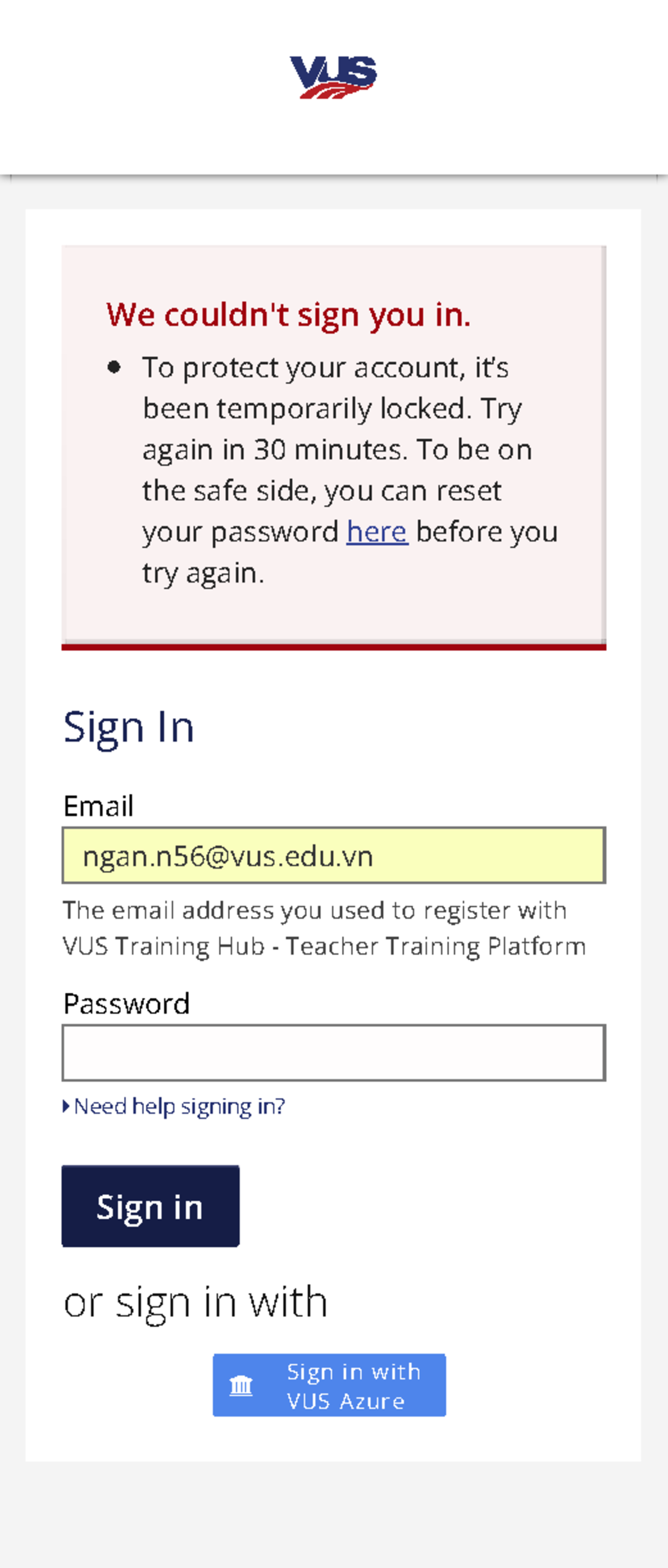 Sign in VUS Training Hub - Teacher Training Platform - We couldn't sign ...