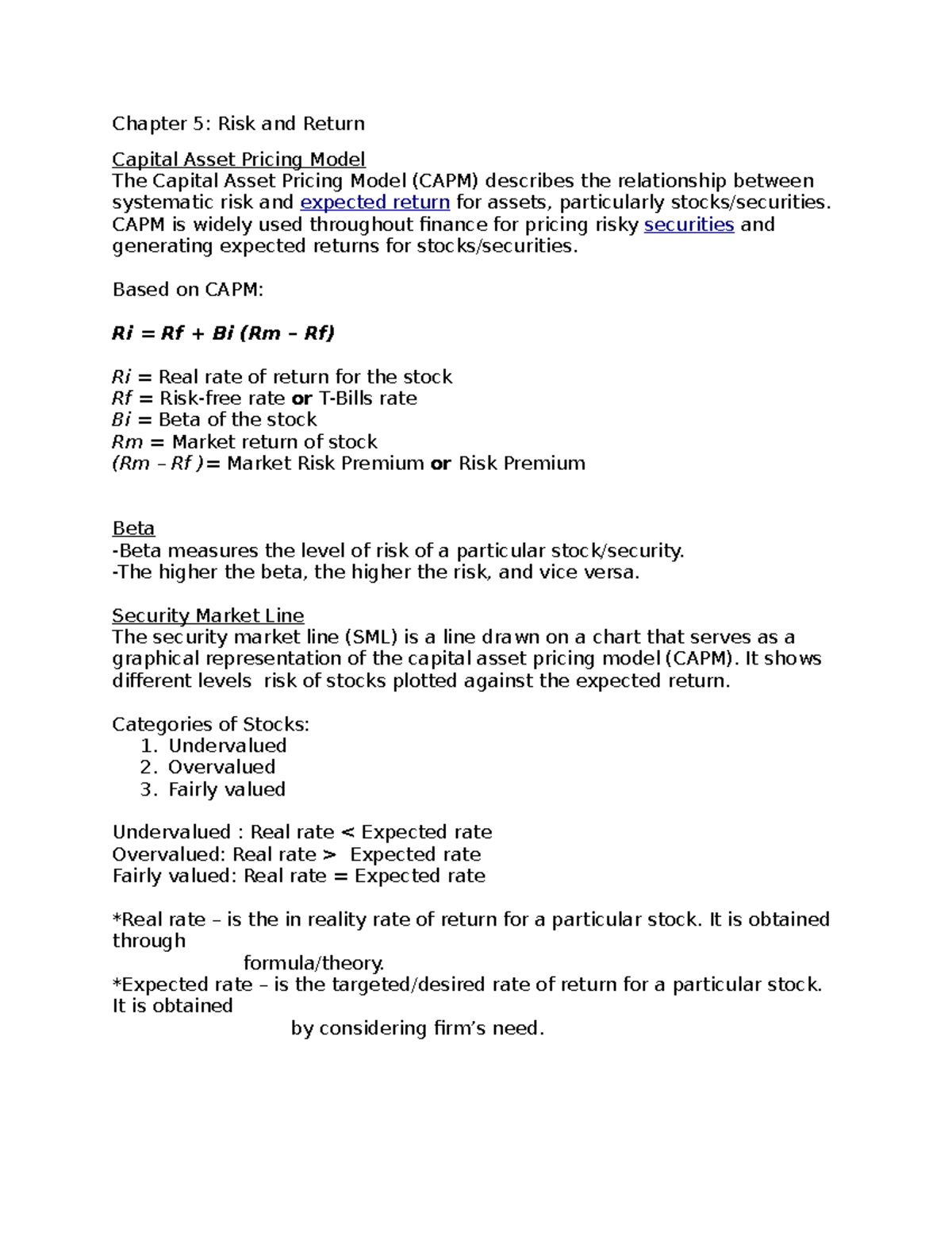 Chapter 5: Risk and Return( Capital Asset Pricing Model) - CAPM is ...