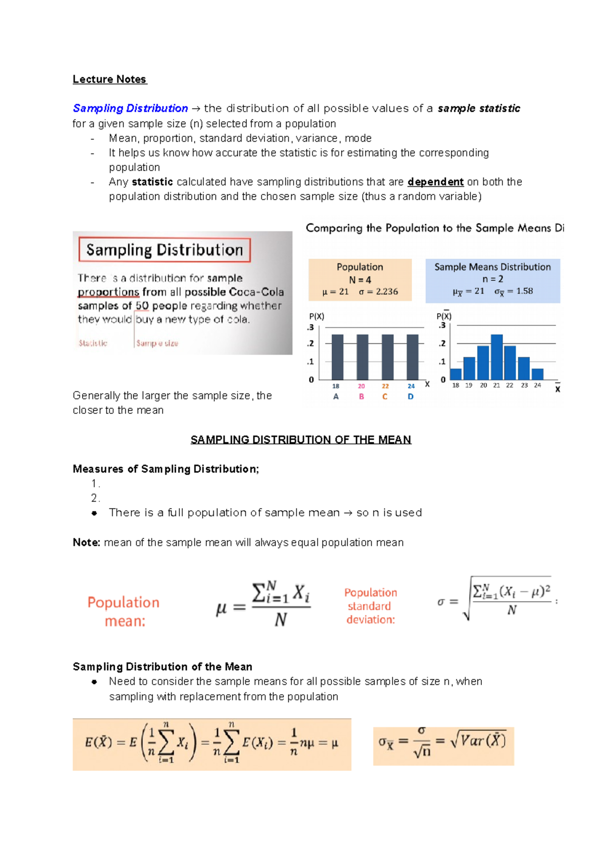 W6 - Sampling Distributions - Lecture Notes Sampling Distribution → the ...