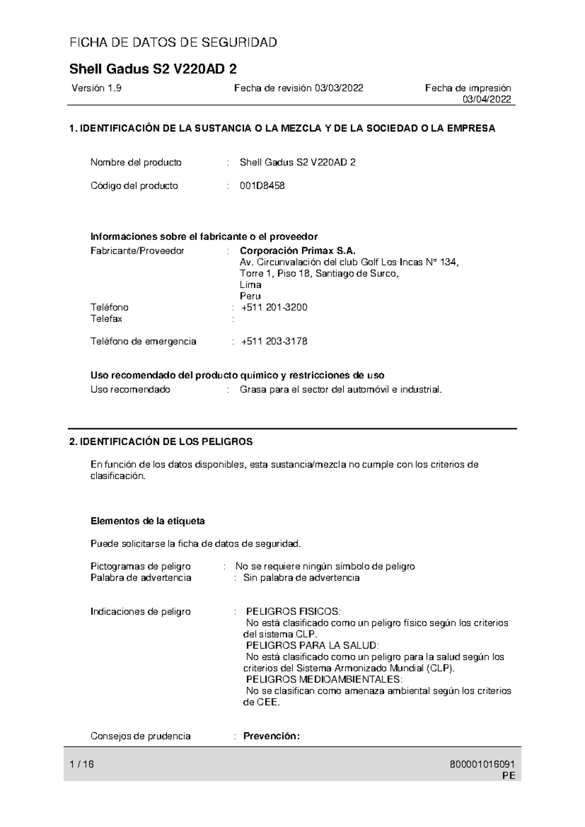 SDS Shell Gadus S2 V220AD 2 - Versión 1.9 y Peligros Asociados - Studocu