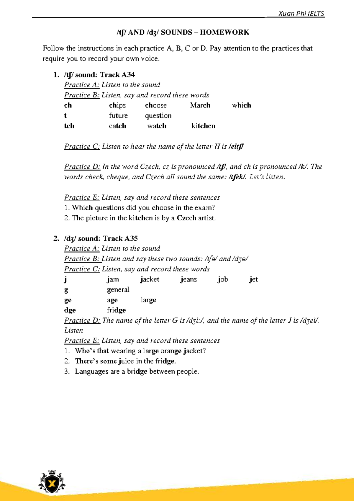 Homework UNIT 5 - dsfsdfsdf - Xuan Phi IELTS /tʃ/ AND /dʒ/ SOUNDS ...
