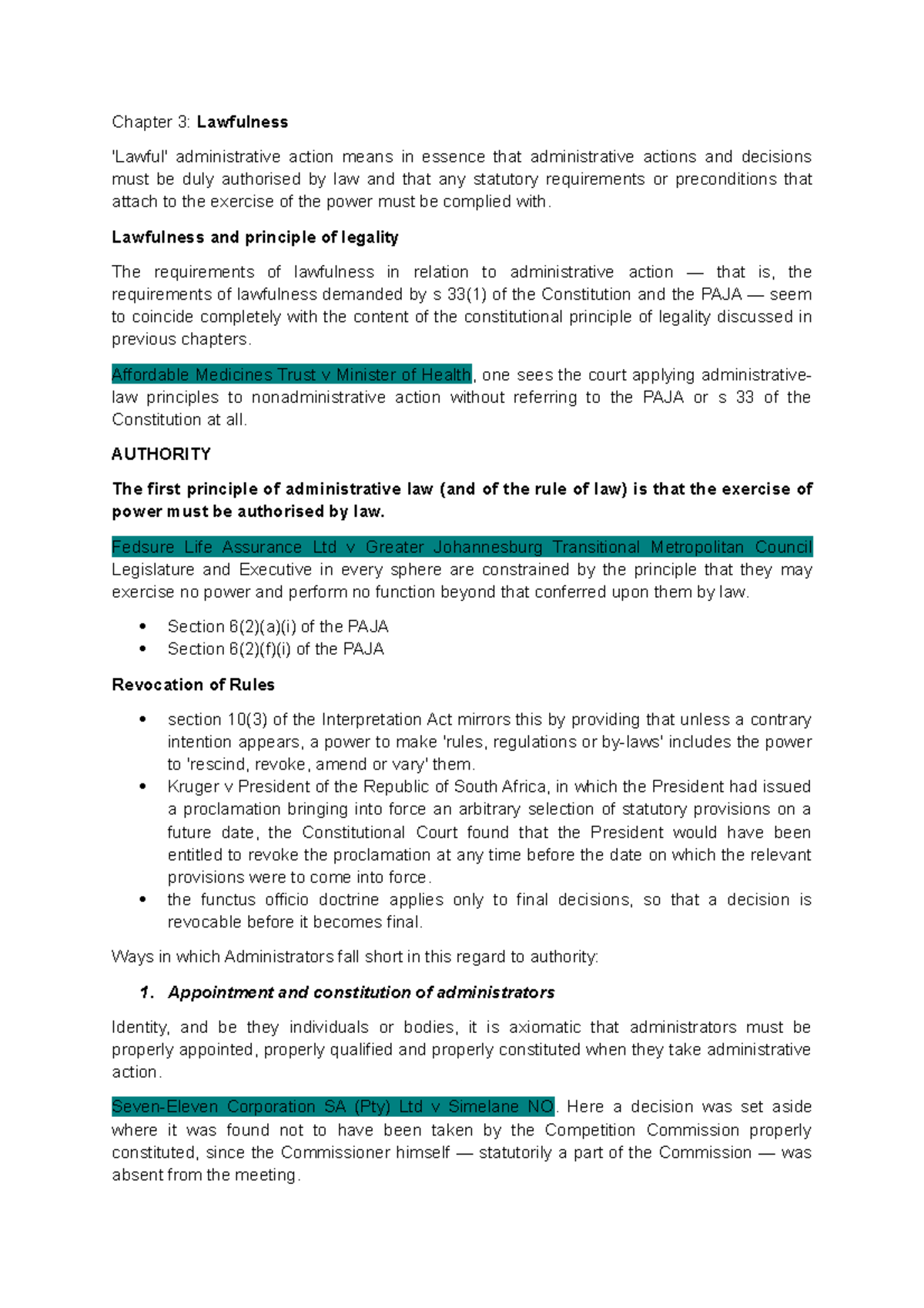 Administrative Law Chapter 3: Lawfulness and Authority Lecture Notes ...