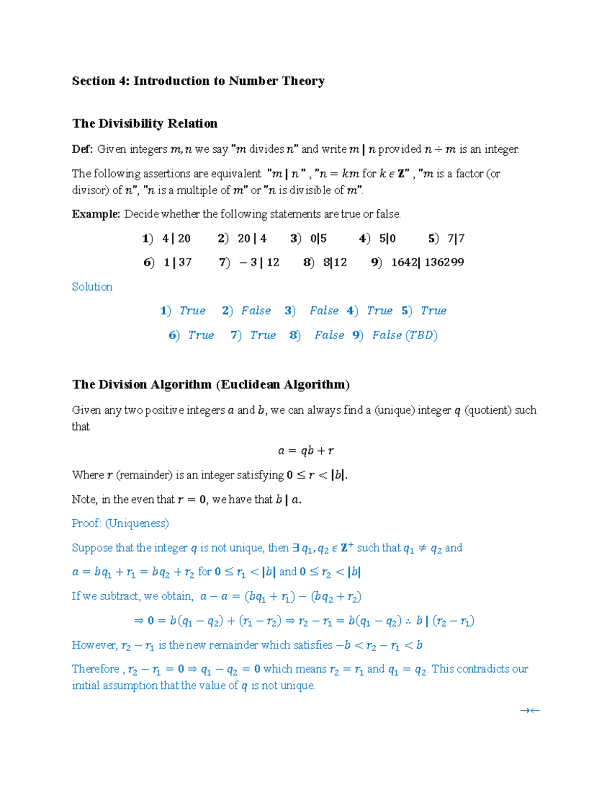 Section 4: Intro to Number Theory & Modulo Concepts - Studocu
