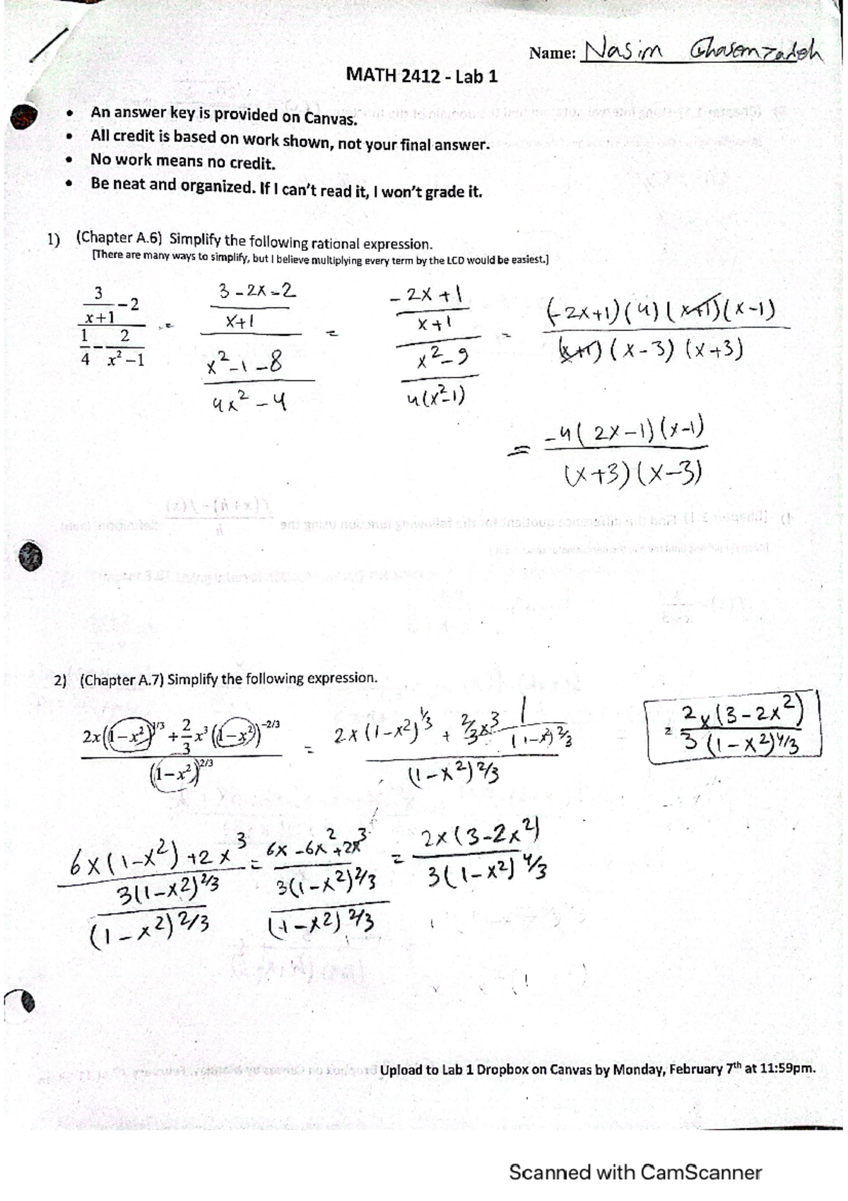 Precalc lab 1 - PRELAB1 - Name: Nasim Chasonzadoh MATH 2412 Lab 1 An ...