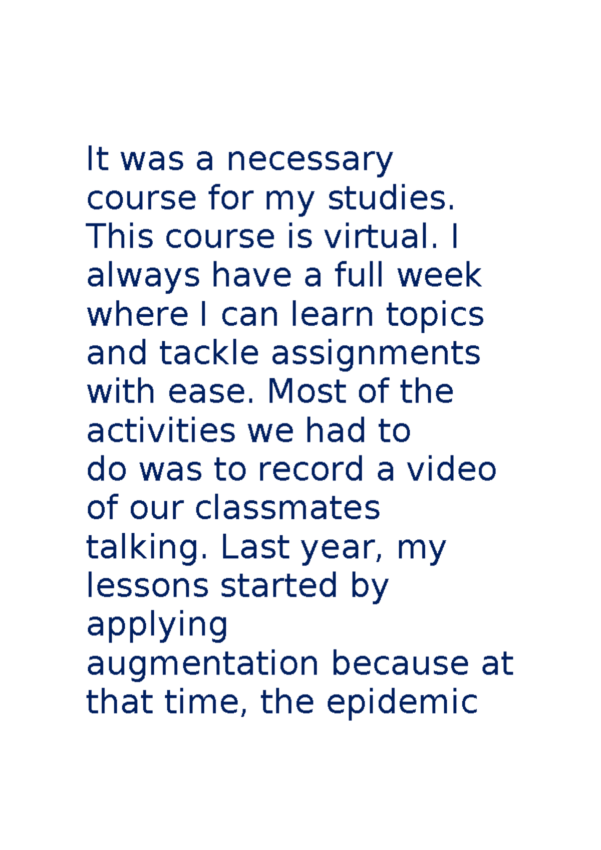 Week 1 English Course Reflection: Virtual Learning Experience - Studocu