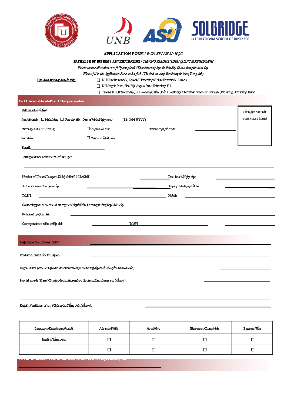 APPLICATION FORM FOR BBA PROGRAM AT UNB - ĐƠN XIN NHẬP HỌC QTKD - Studocu