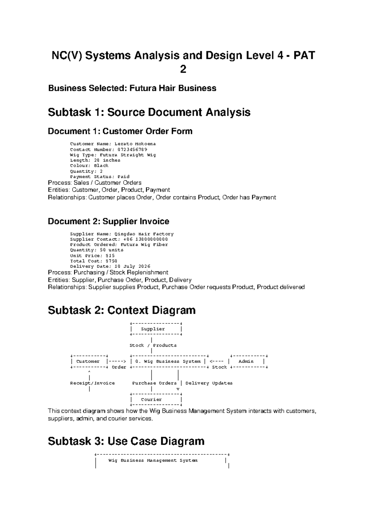 NC(V) Systems Analysis & Design L4 PAT 2: Futura Hair Business Analysis ...