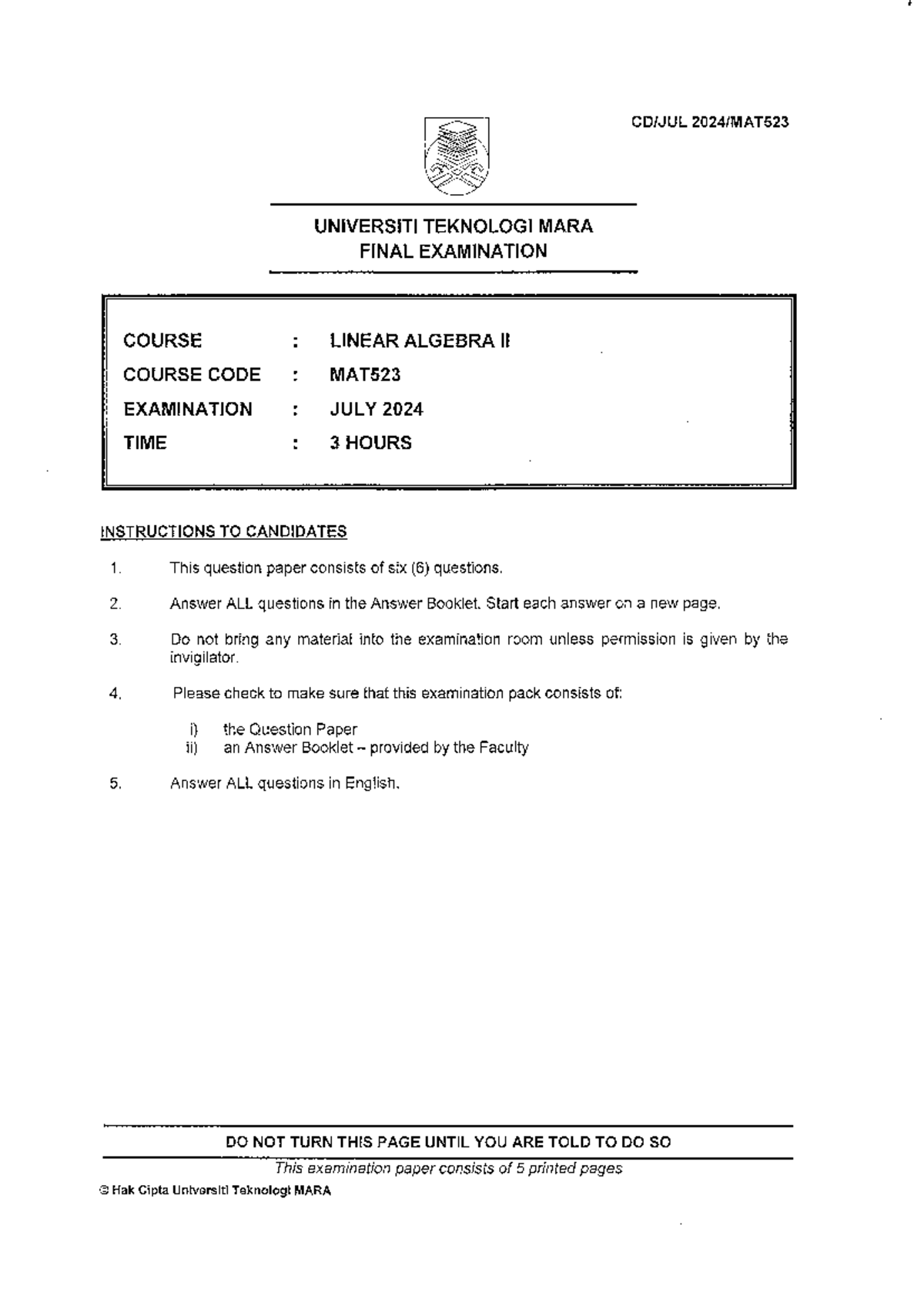 MAT523 JULY'24 - Linear Algebra II Final Exam Paper - Studocu