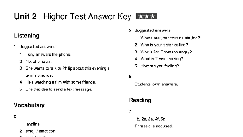 Unit 2 higher test answers - Unit 2 Higher Test Answer Key Listening 1 ...