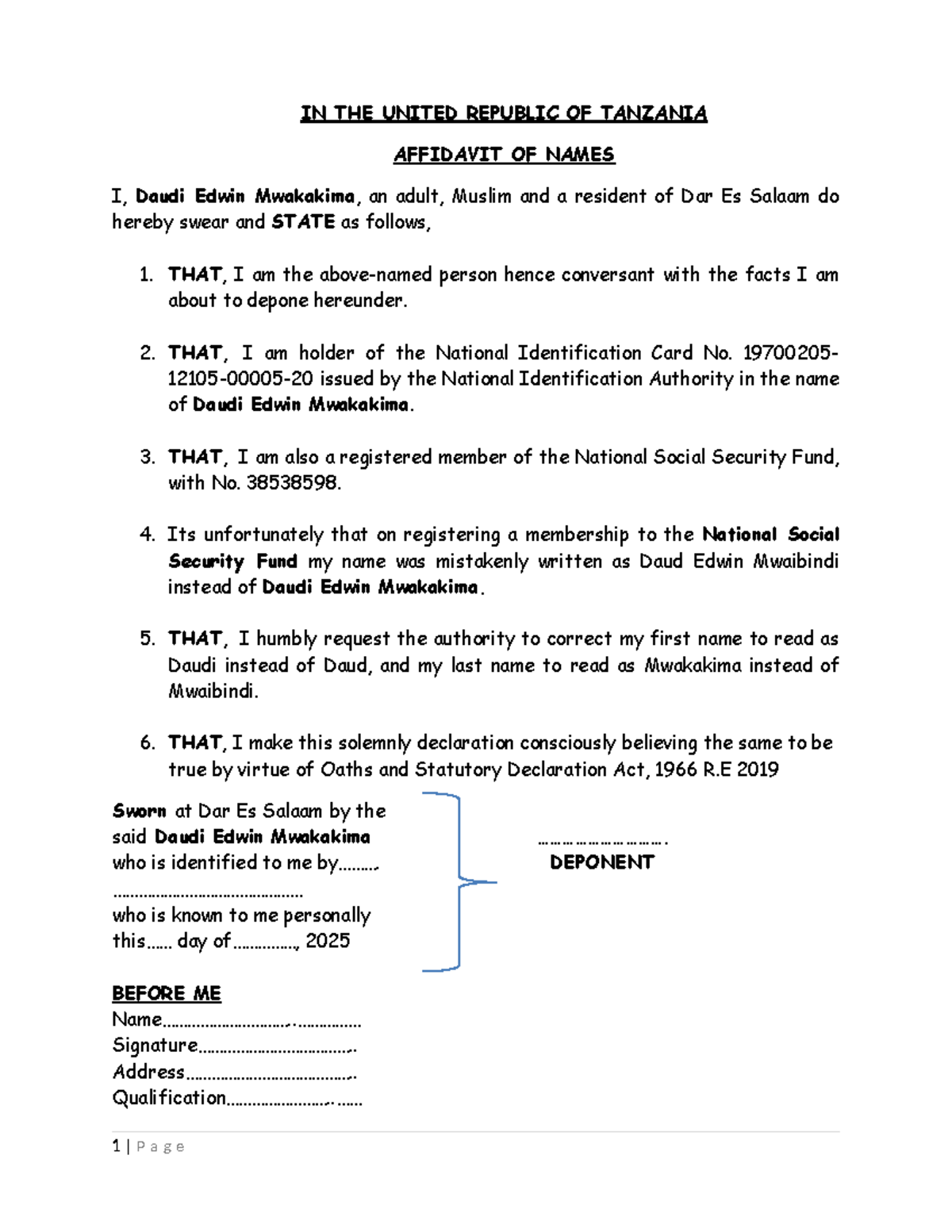 Affidavit of Names Correction - Daudi Edwin Mwakakima - Studocu