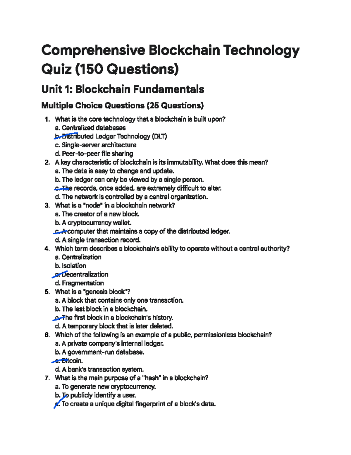 Comprehensive Blockchain Technology Quiz (150 Questions) - Unit 1 & 2 -  Studocu