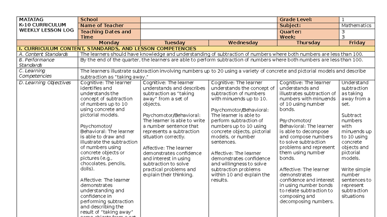 DLL MATH1 Q3 WEEK 3: Subtraction Concepts for Grade 1 - Studocu