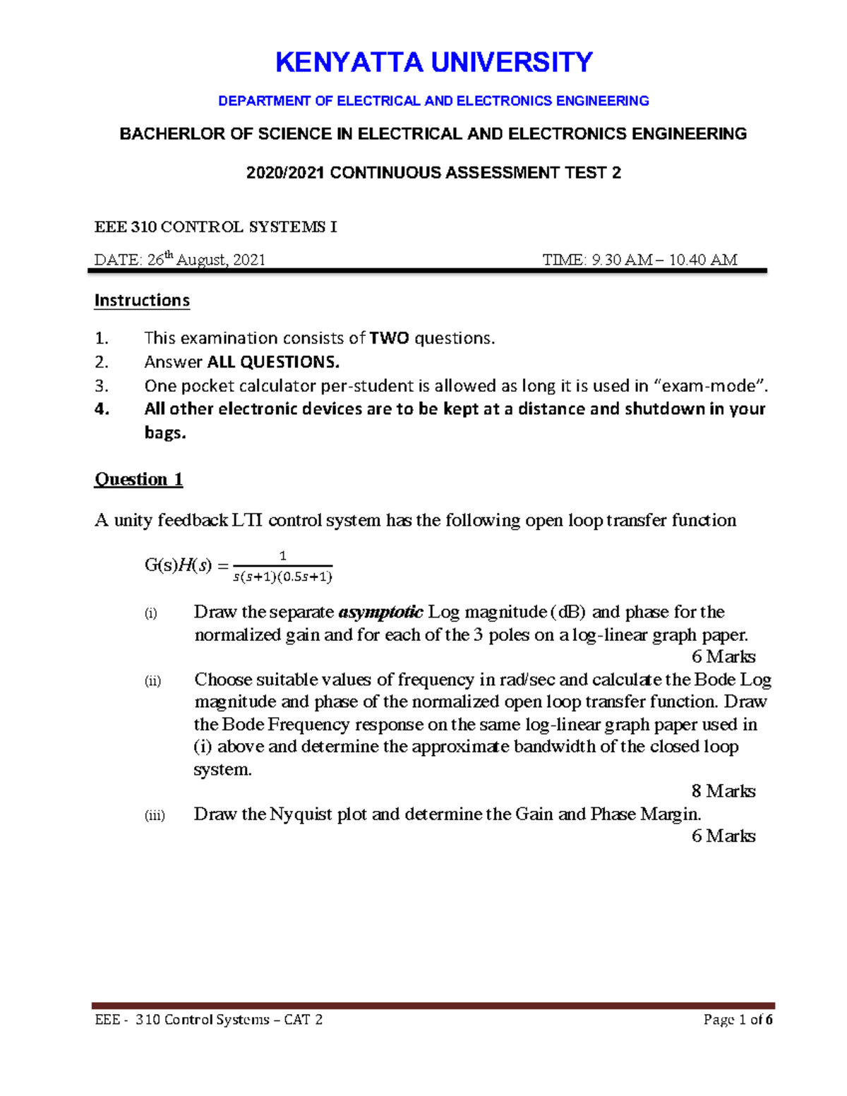 EEE 310 - Control Systems I Continuous Assessment Test 2 - Studocu