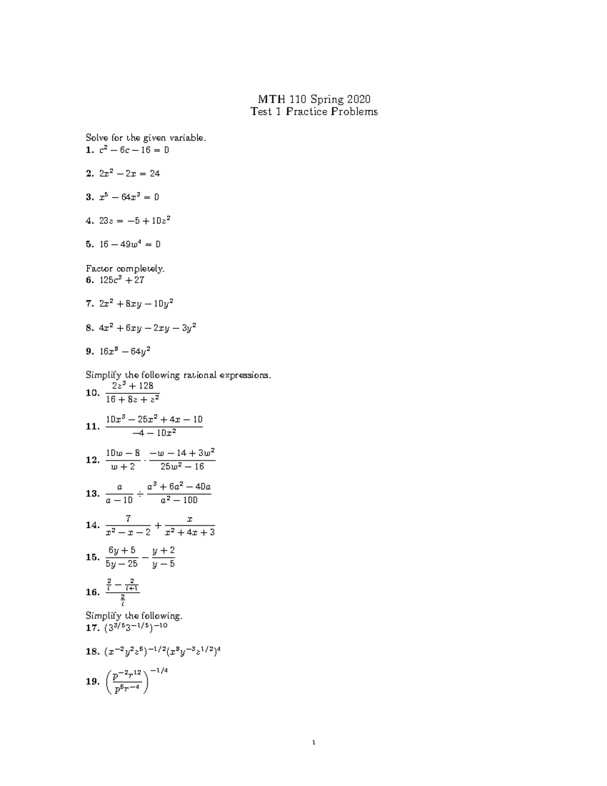 MTH 110: Test 1 Practice Problems Solutions and Exercises - Studocu