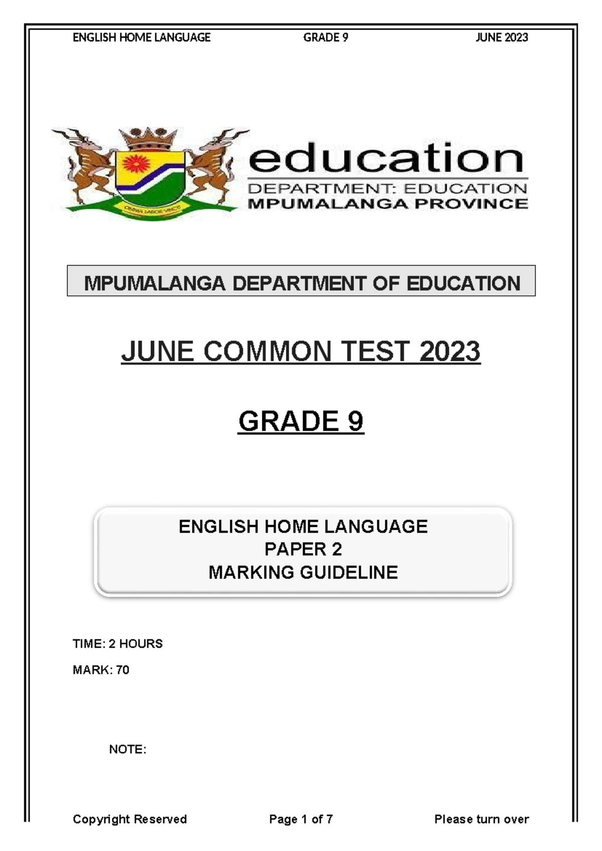 ENGLISH HOME LANGUAGE GRADE 9 JUNE 2023 MARKING GUIDELINE MEMO - Studocu