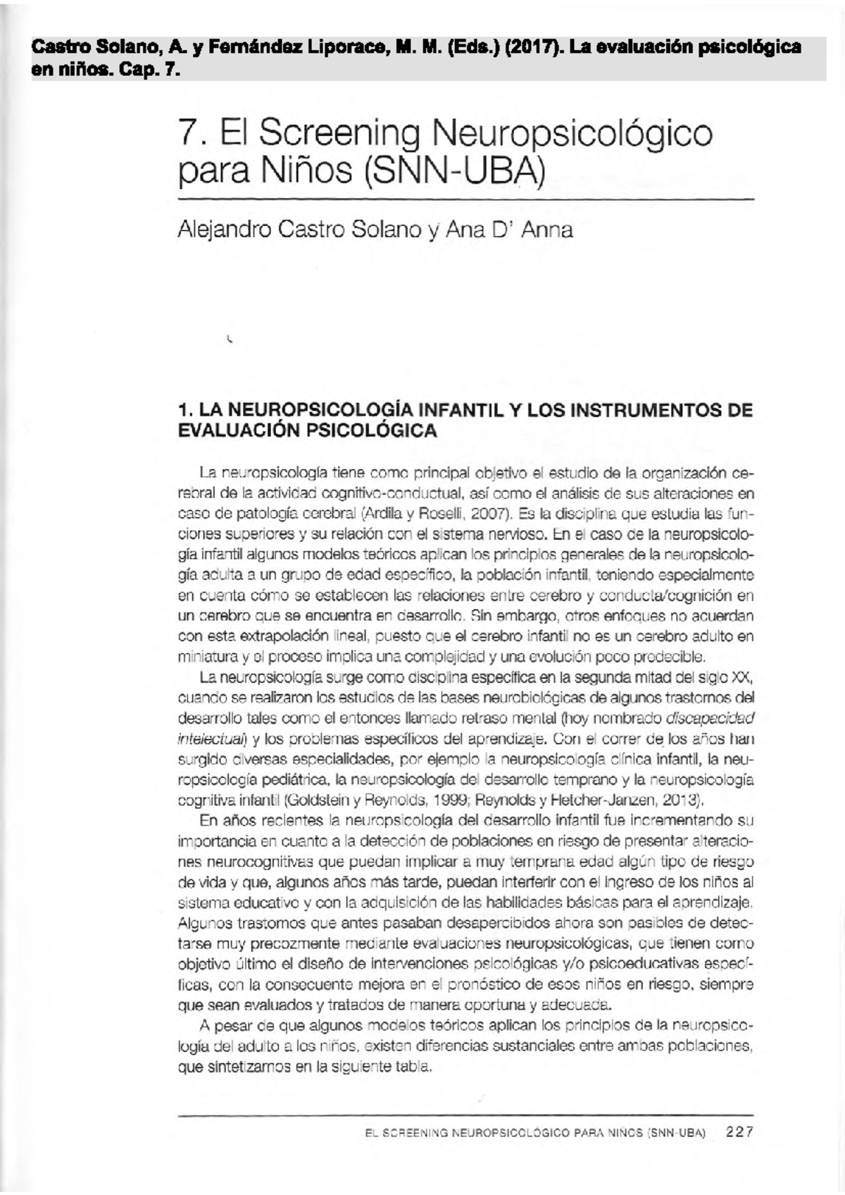 Evaluación Neuropsicológica Infantil: Screening para Niños (Cap. 7 ...