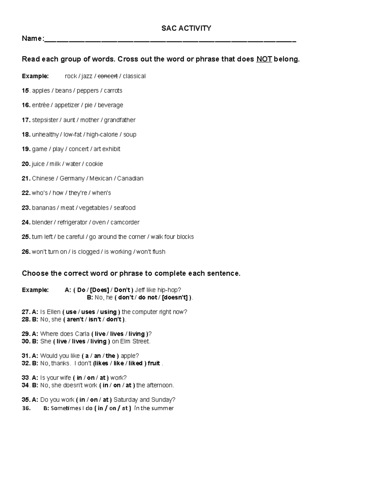 SAC Activity - Word/Phase Grouping and Sentence Completion Exercise ...