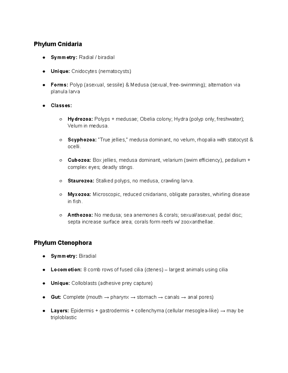 Key Takeaway Notes on Phylum Cnidaria and Ctenophora - Studocu
