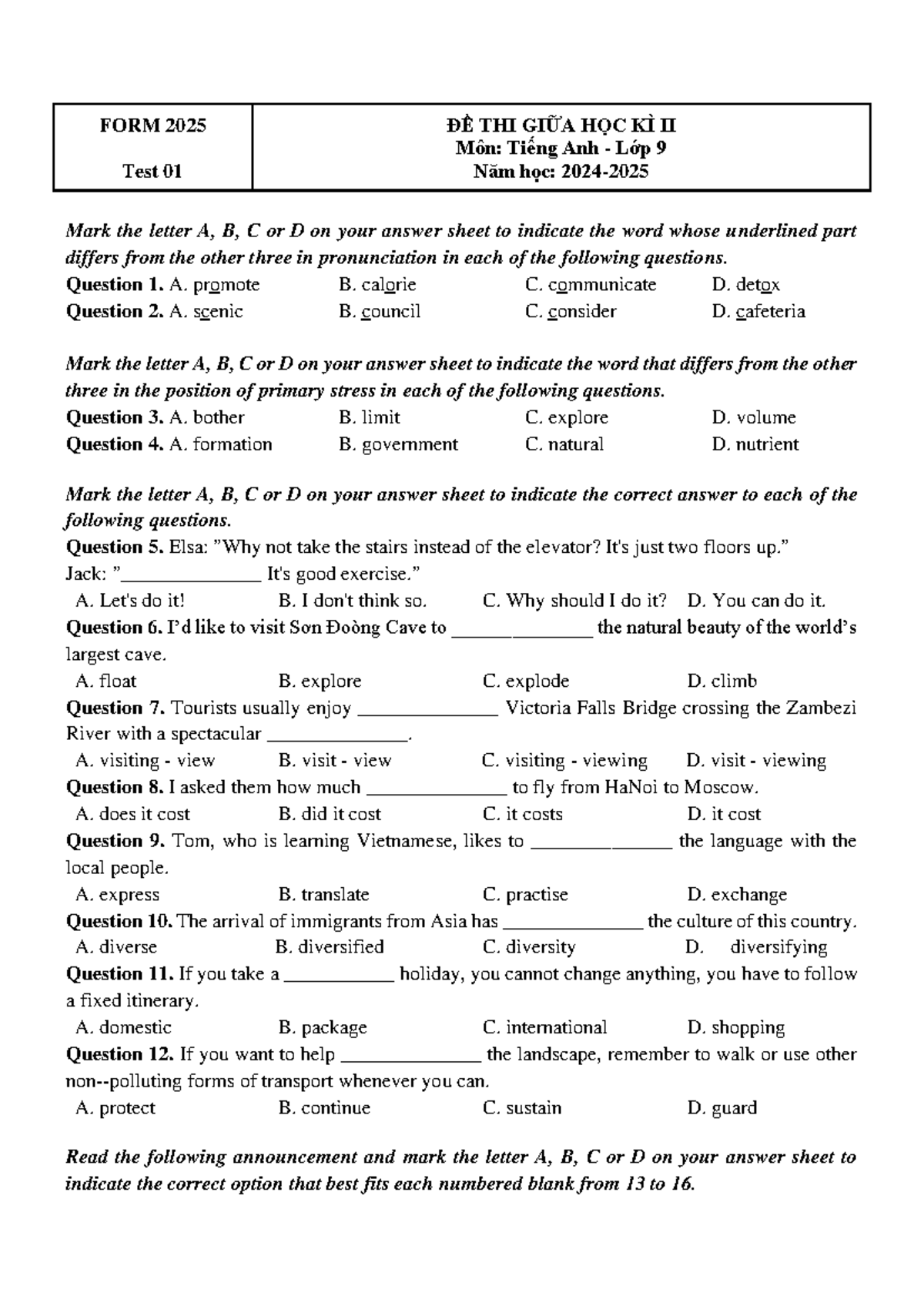 FORM 2025 Bộ 4 Đề Thi Giữa Học Kì II Môn Tiếng Anh 9 Kèm Đáp Án - Document Preview