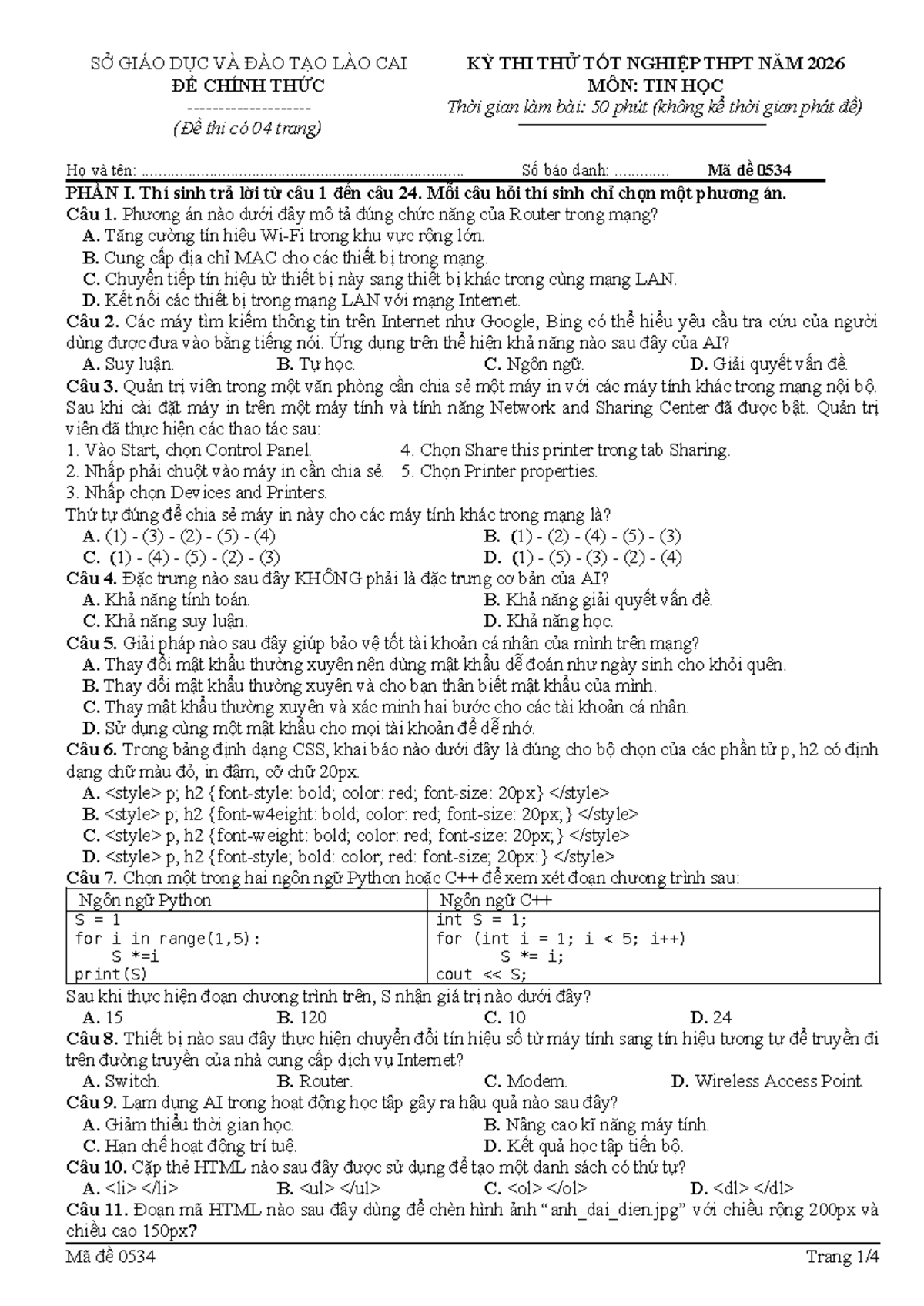 KỲ THI THỬ TỐT NGHIỆP THPT NĂM 2026 MÔN TIN HỌC - MÃ ĐỀ 0534 - Studocu