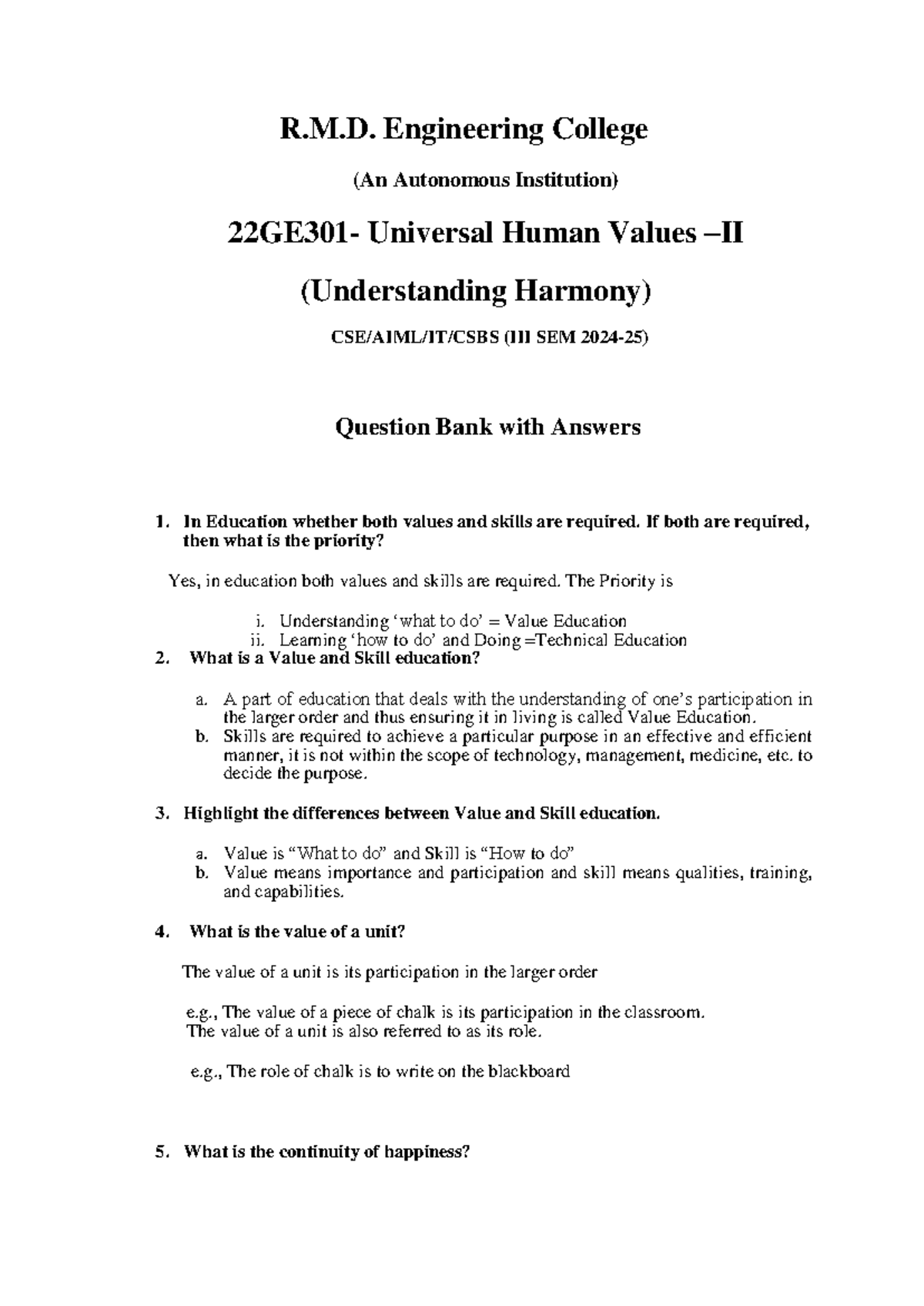 786041376 UHV II Question Bank with Answers 2023-24 - Studocu