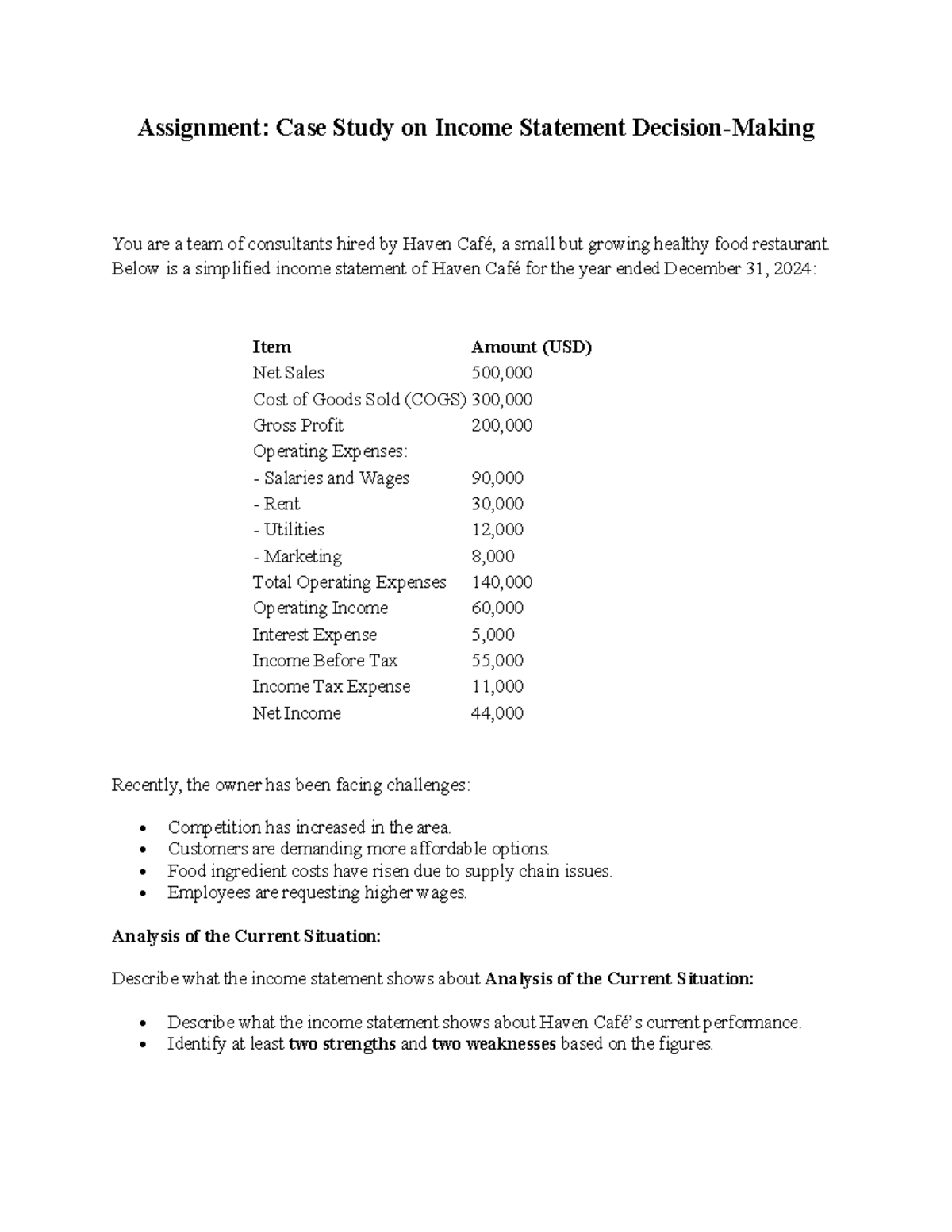 Assignment 3 FSA: Case Study Analysis of Haven Café Income Statement ...