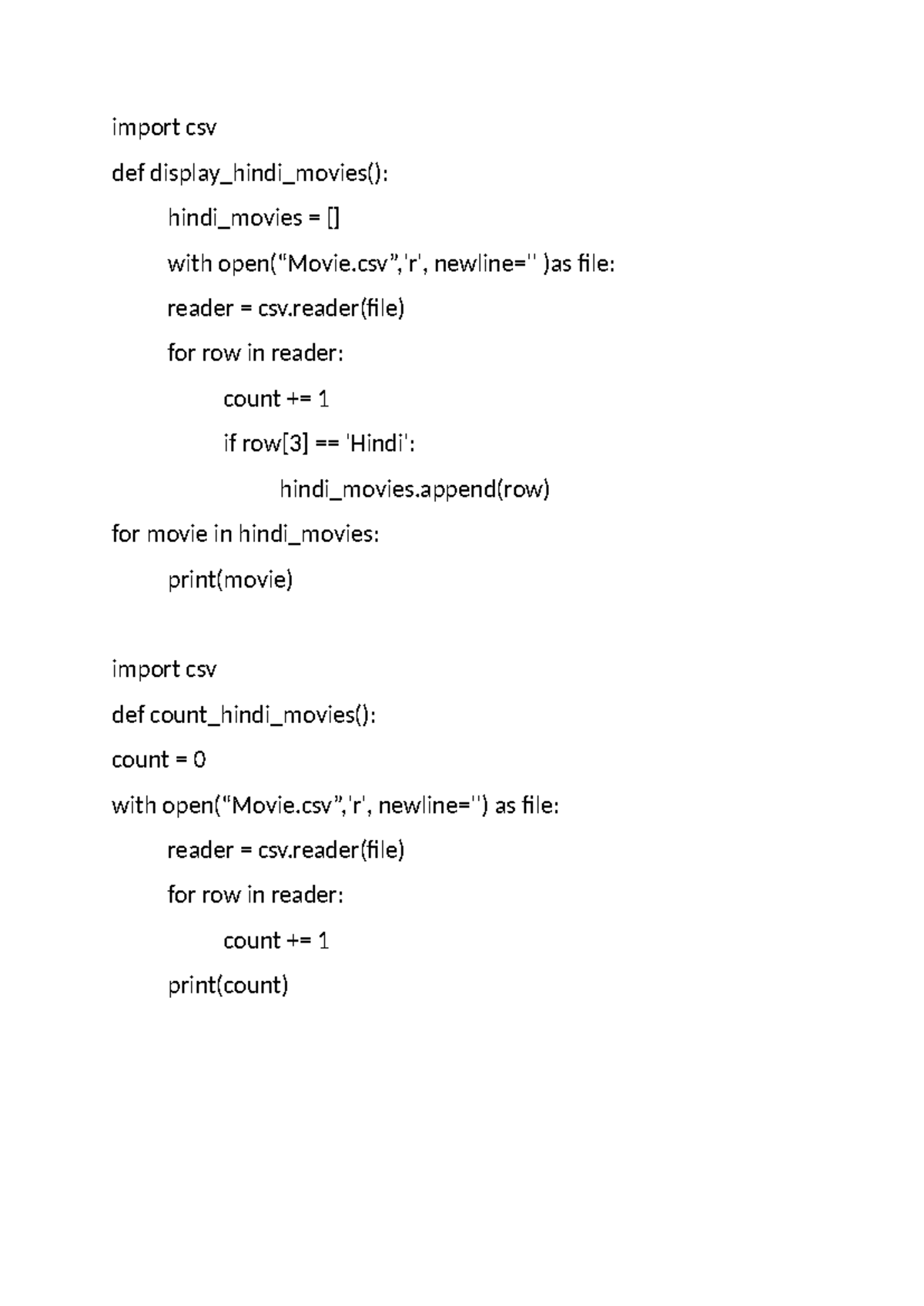CSV Code Snippet for Hindi Movies and Stack Operations - Studocu