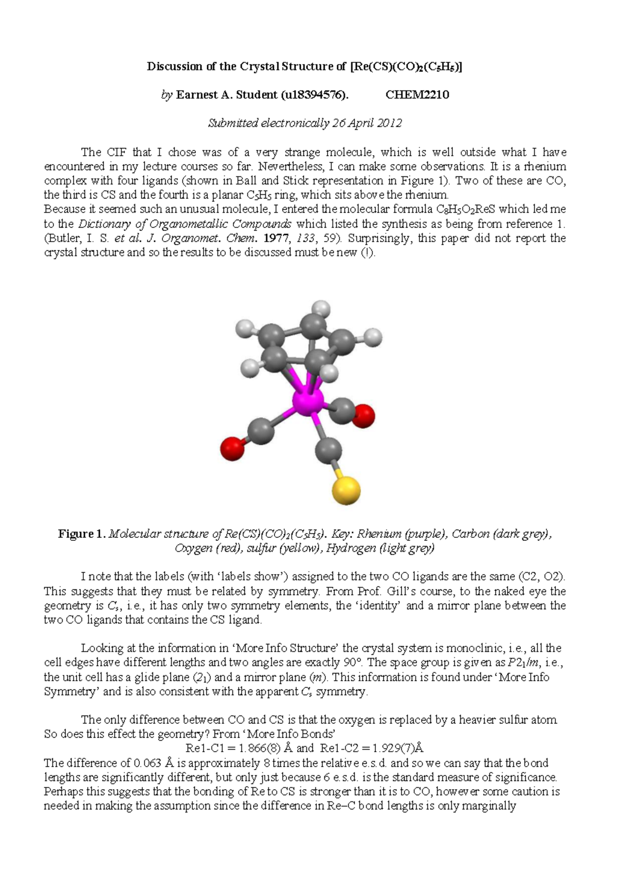 Discussion on Crystal Structure of Re Complex - CHEM2210 Report - Studocu