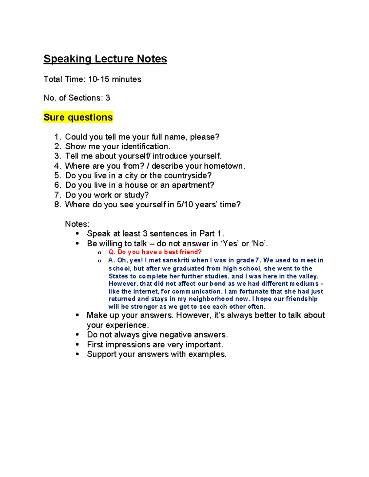 Speaking Part 1 Lecture Notes - Bbbb - Studocu