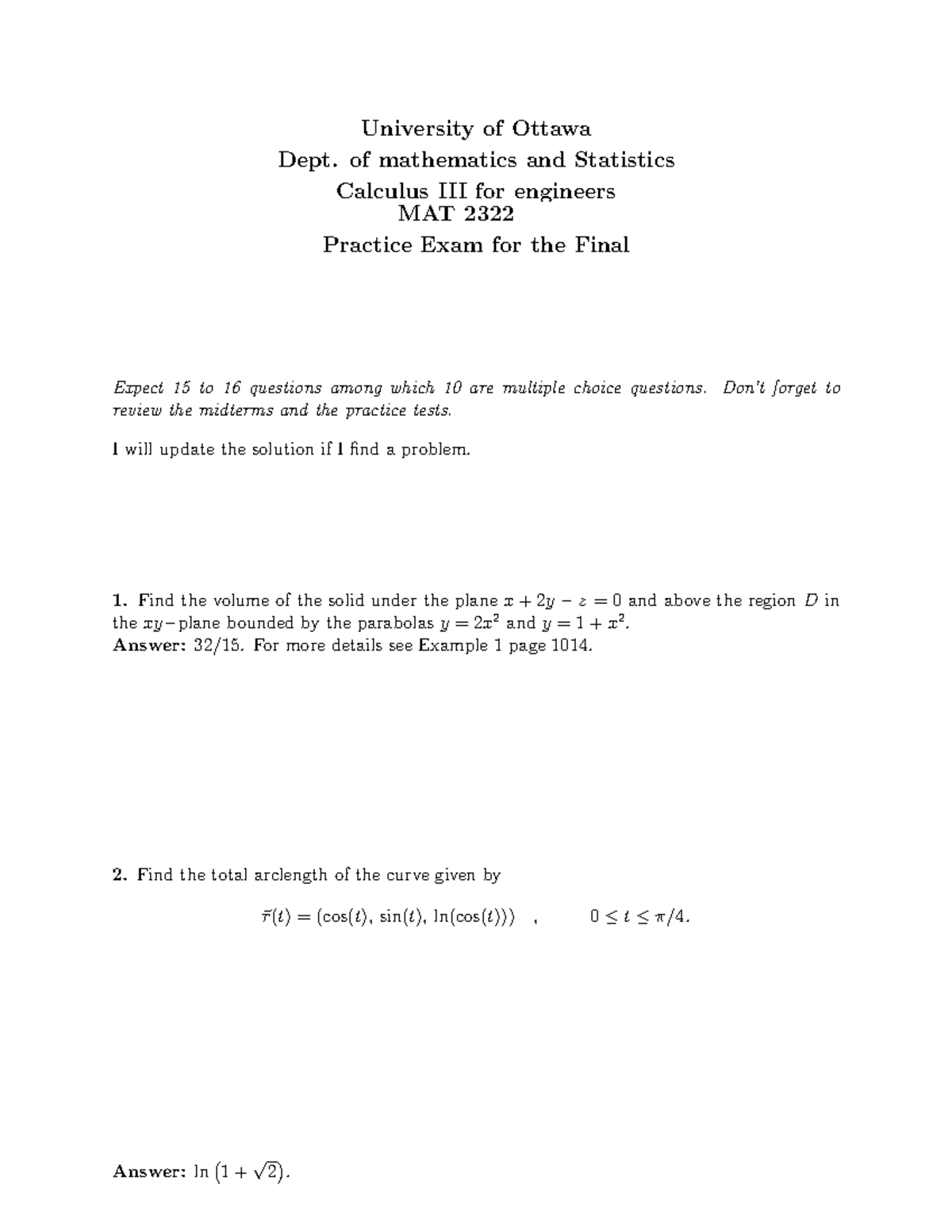 MAT 2322 Final Exam Practice Questions and Solutions - Studocu