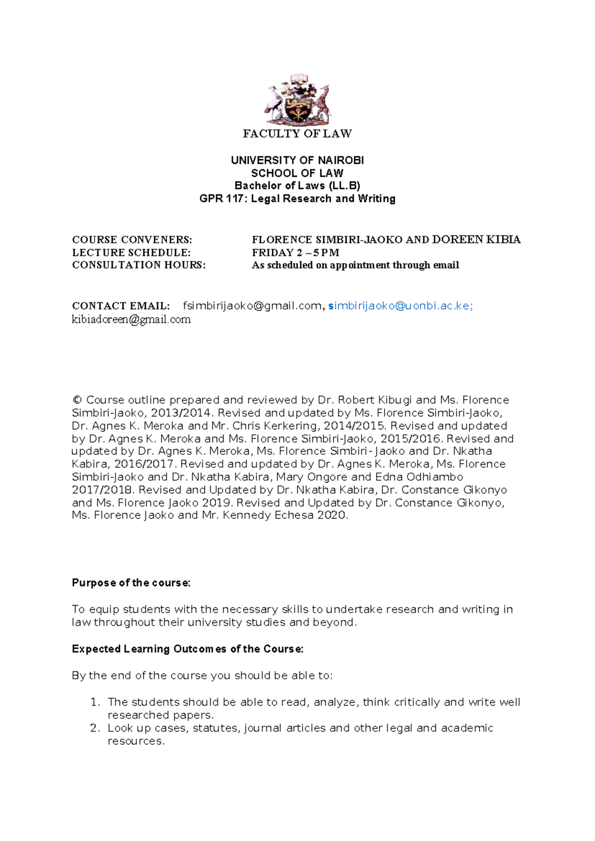 Legal Research and Writing Course Outline GPR 117 - 2025 - Studocu