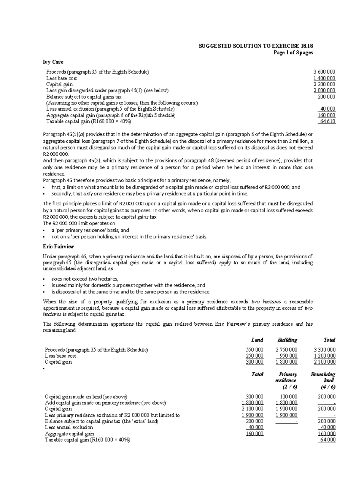 Suggested Solutions for Exercise 18.18: Capital Gains Tax Analysis ...