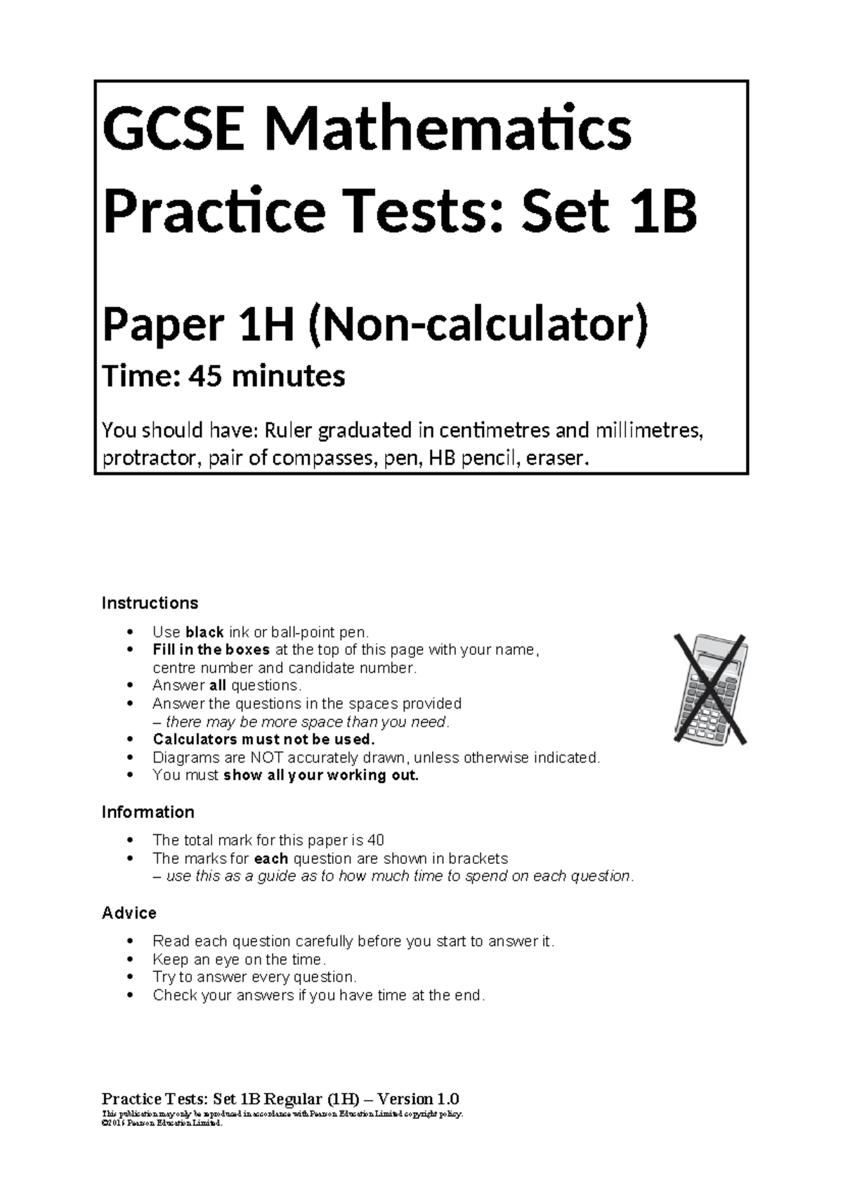 04a Practice test set 1B - Paper 1H - GCSE Mathematics Practice Tests ...