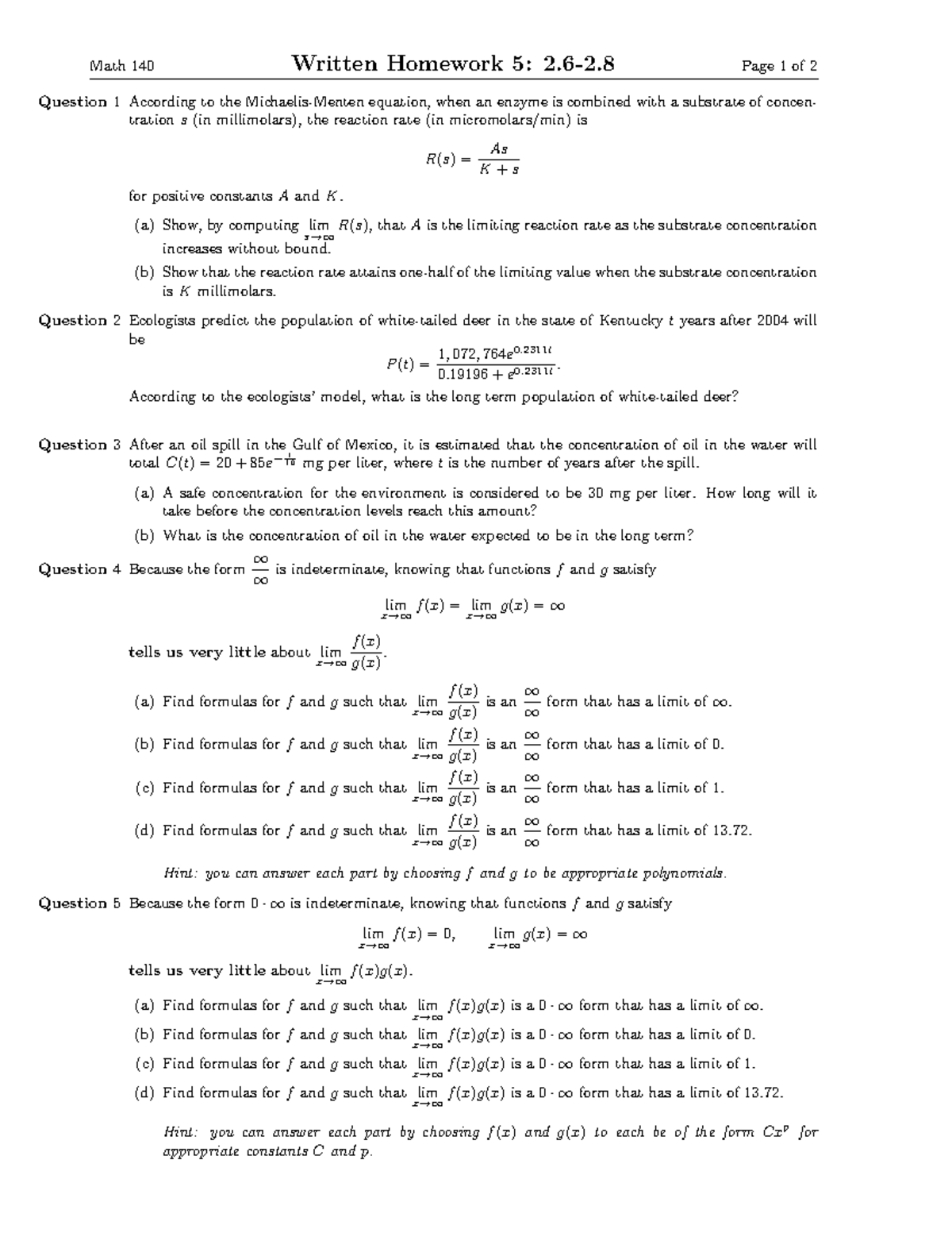 Math 140 written homework 5 - Math 140 Written Homework 5: 2.6-2 Page 1 ...