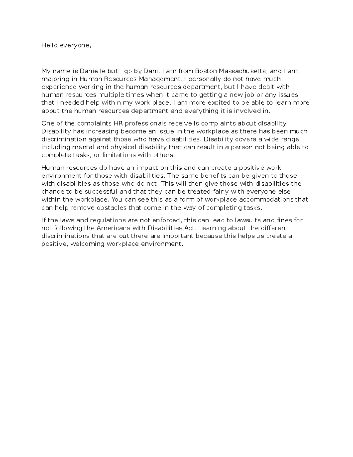HRM 225 Discussion 1: Addressing Disability in the Workplace - Studocu