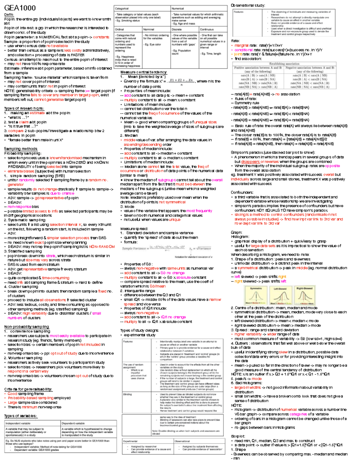 GEA1000 Final Exam Cheat Sheet: Population and Sampling Concepts - Studocu