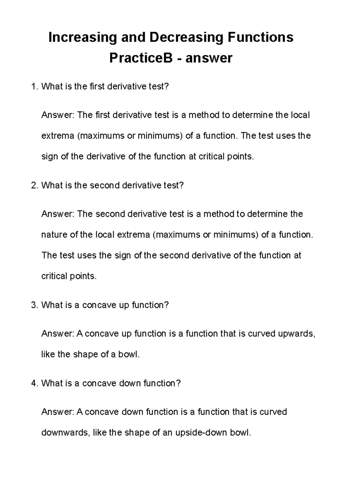 Increasing and Decreasing Functions Practice B - Answers & Explanations ...