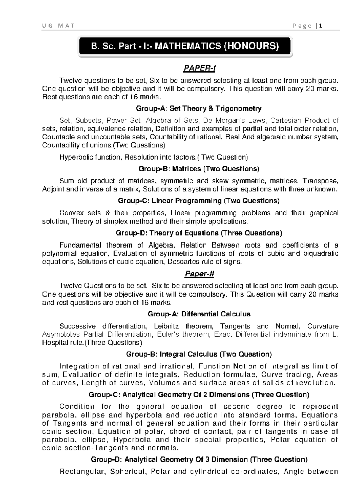 B. Sc. Mathematics (Honours) Exam Structure & Topics Overview - Studocu