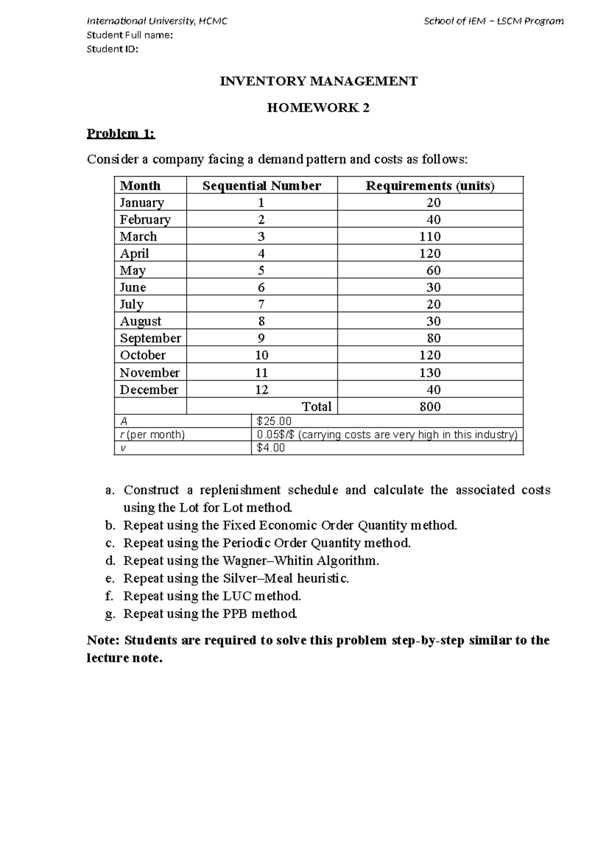 Inventory Management Homework 2 - IEM 12345 Analysis Techniques - Studocu