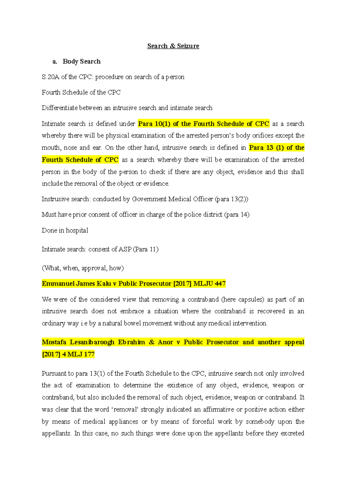 Body Search & Seizure Procedures (CPC) - Comprehensive Notes - Studocu