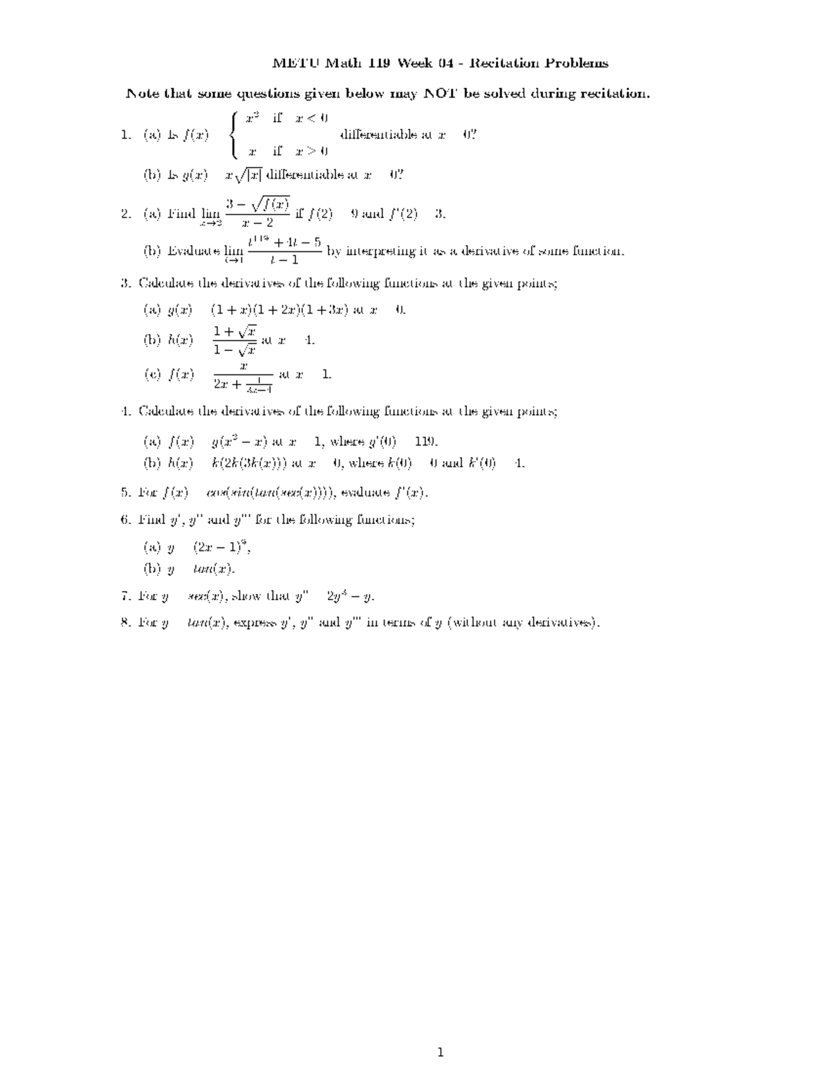 MATH 119 Recitation Problems Week 04 (2022-1) Analysis and Solutions ...