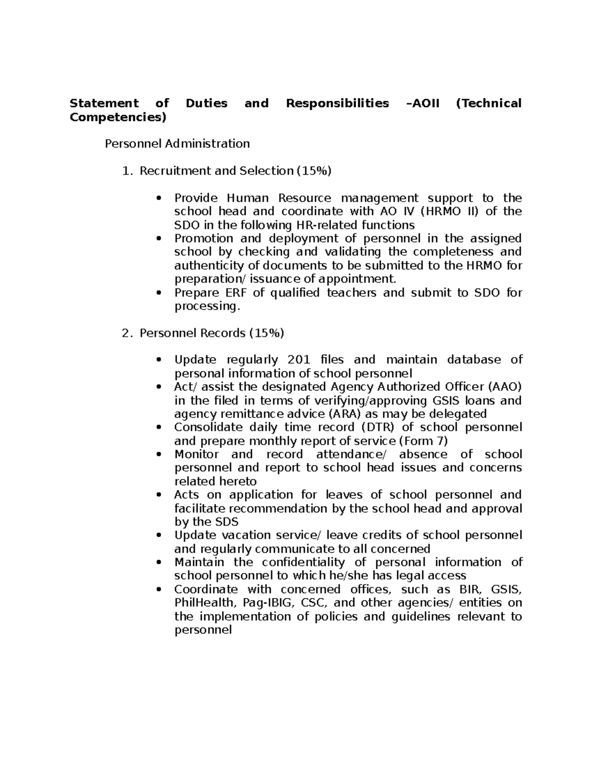AOII: Statement of Duties and Responsibilities in Personnel Admin - Studocu
