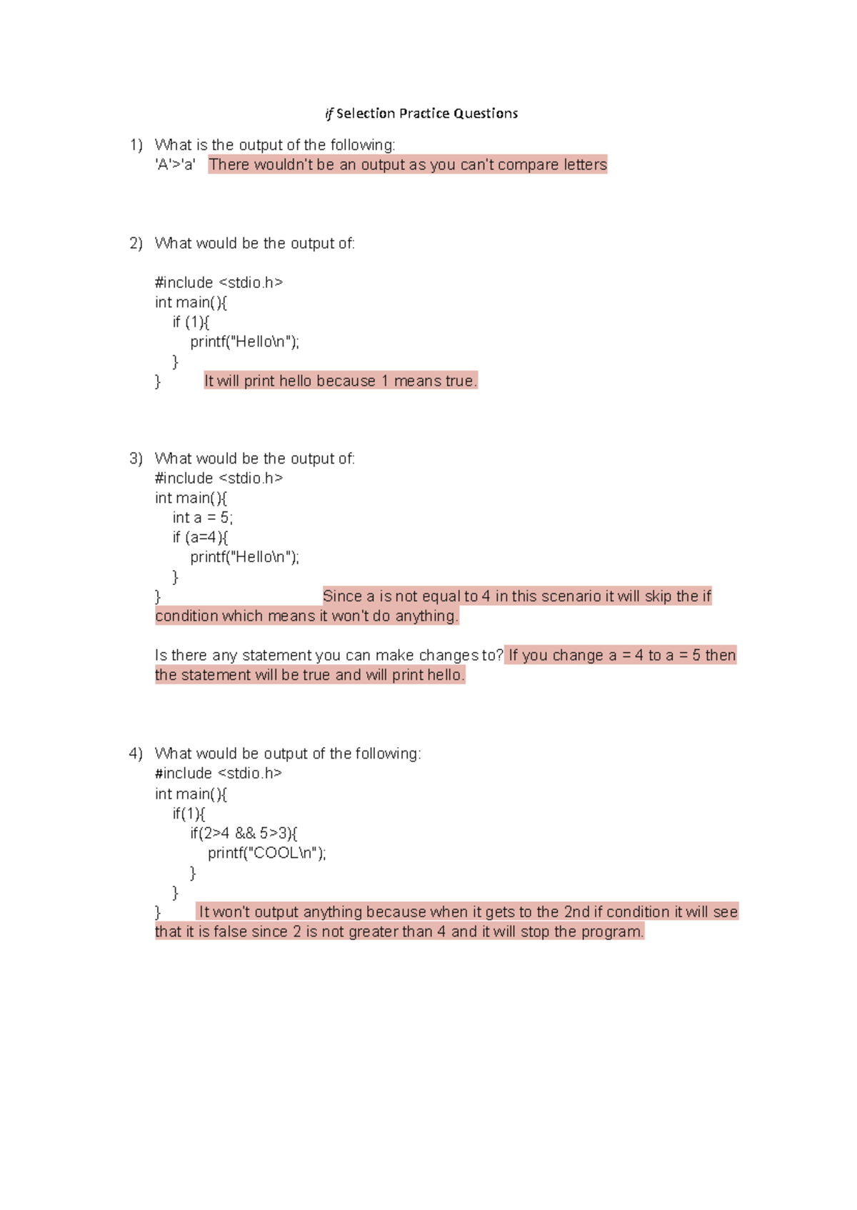 If Selection Practice Questions - Programming Exercises - Studocu