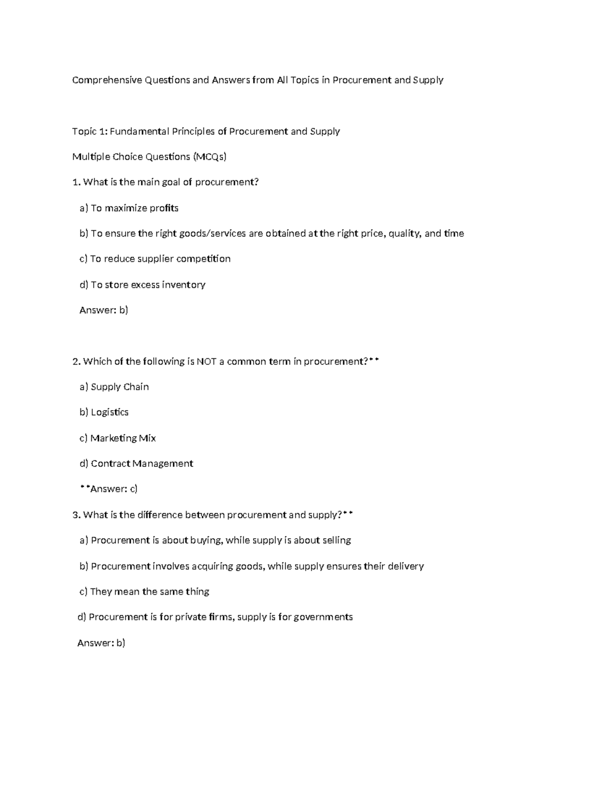 Procurement and Supply MCQs Overview: Key Concepts and Principles - Studocu