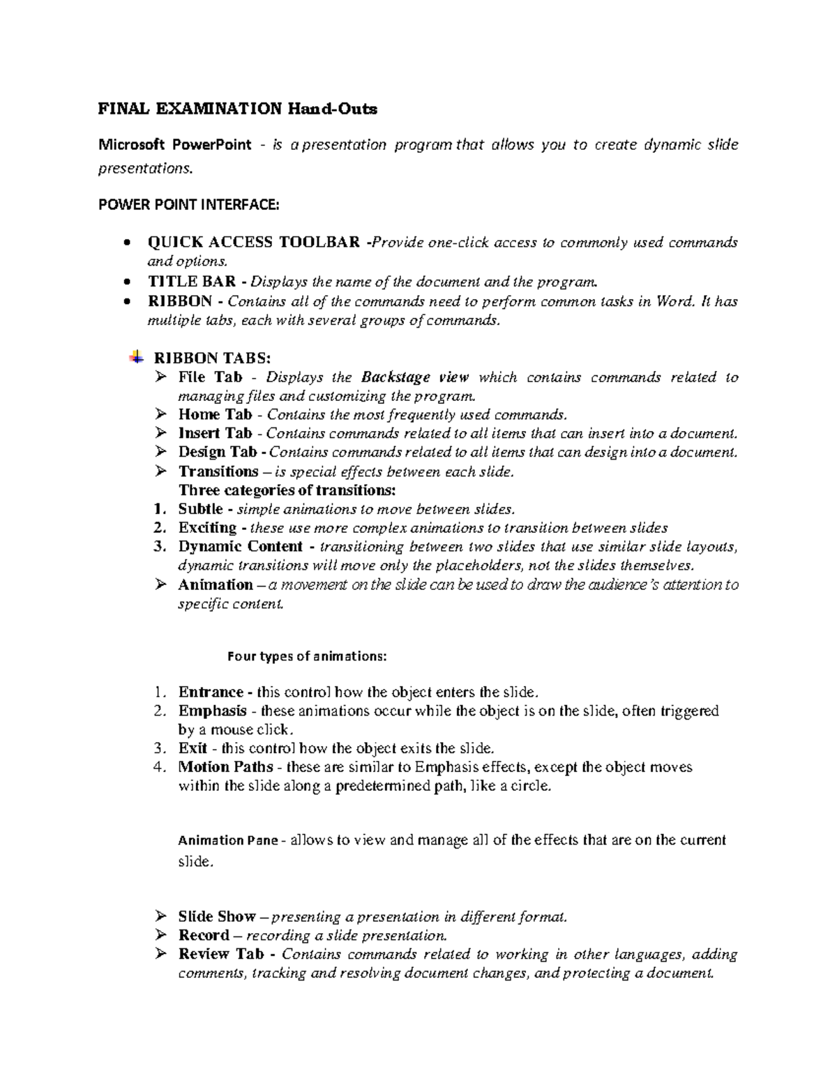 Powerpoint-Hand-Outs - FINAL EXAMINATION Hand-Outs Microsoft PowerPoint ...